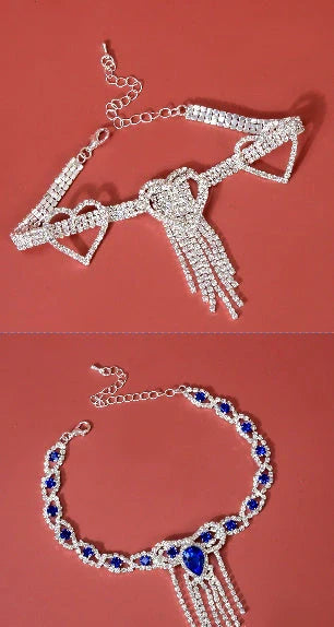 Blue rhinestone tassel anklet with gold-plated accents, perfect for women's fashion accessories.