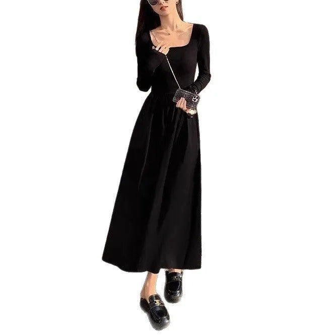 Women's square collar knitted dress in black or grey with elastic waist and A-line skirt, long sleeves