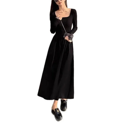 Women's square collar knitted dress in black or grey with elastic waist and A-line skirt, long sleeves