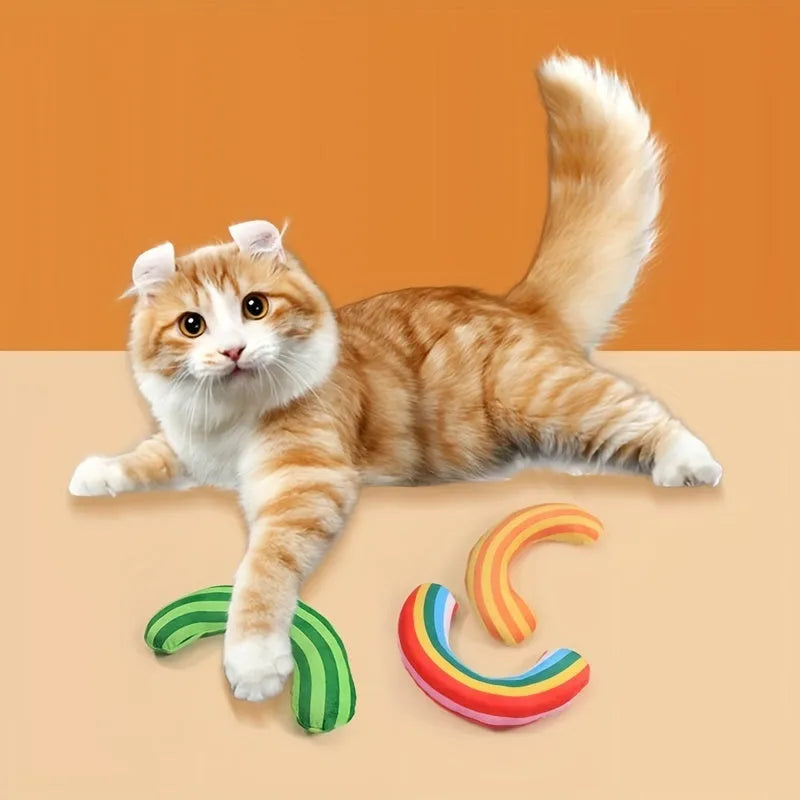 Striped plush cat toy pillow with built-in catnip and crinkle sound material in green colour.