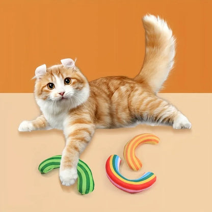 Striped plush cat toy pillow with built-in catnip and crinkle sound material in green colour.