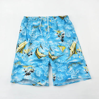 Men's floral printed swimming trunks in polyester fabric showing multiple pattern options for beach and pool use