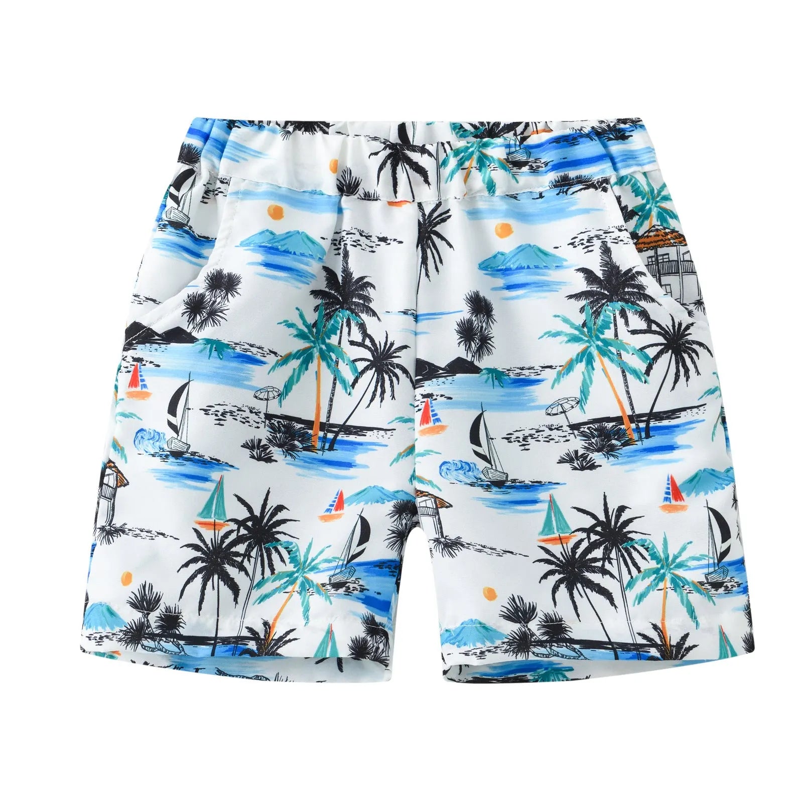 Colourful printed beach shorts with elastic waistband showing tropical patterns including coconut trees and pineapples
