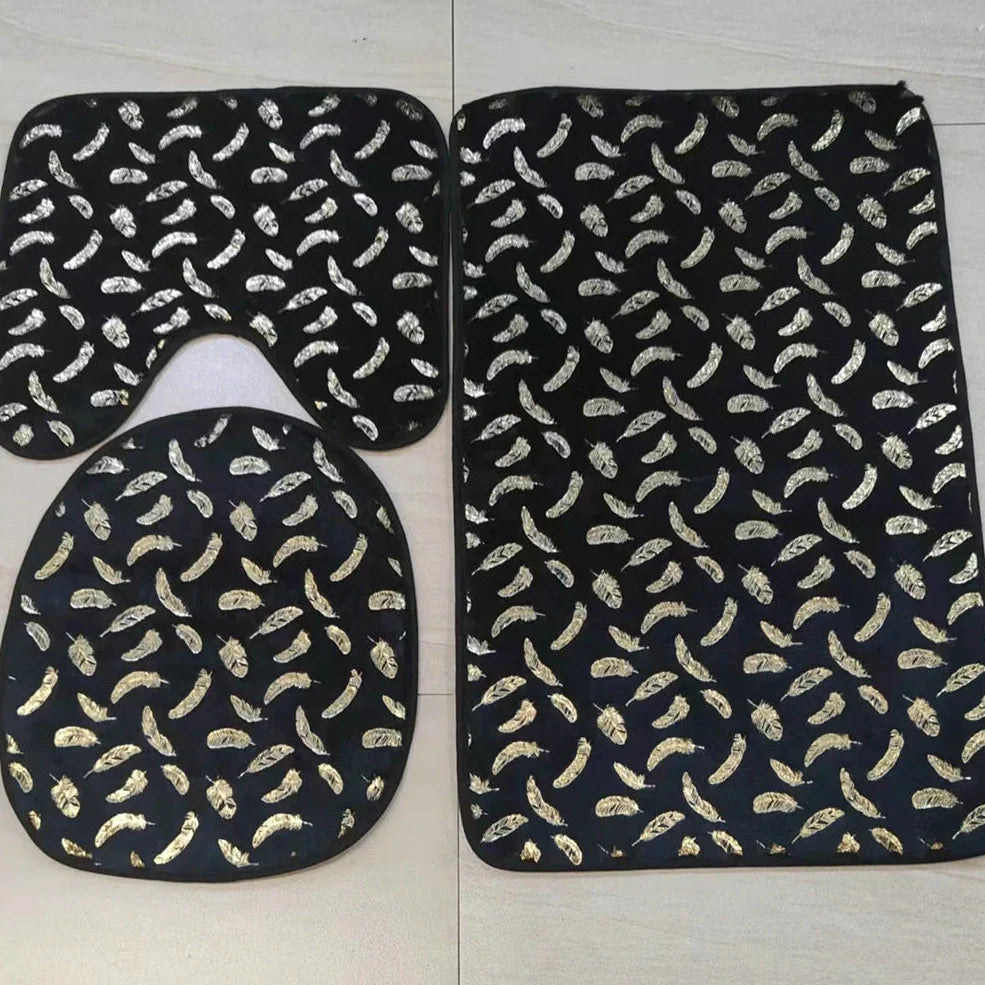 Three piece marbled foiled bathroom rug set with gold stamping feather pattern in four colour options