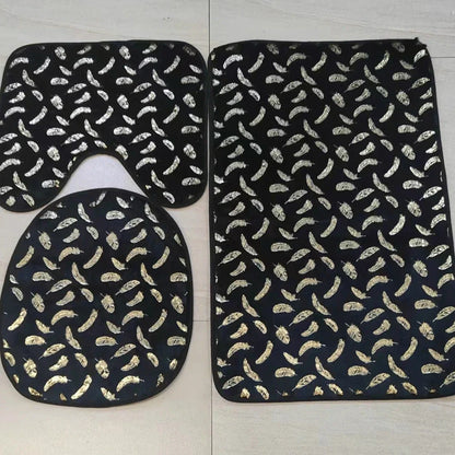 Three piece marbled foiled bathroom rug set with gold stamping feather pattern in four colour options