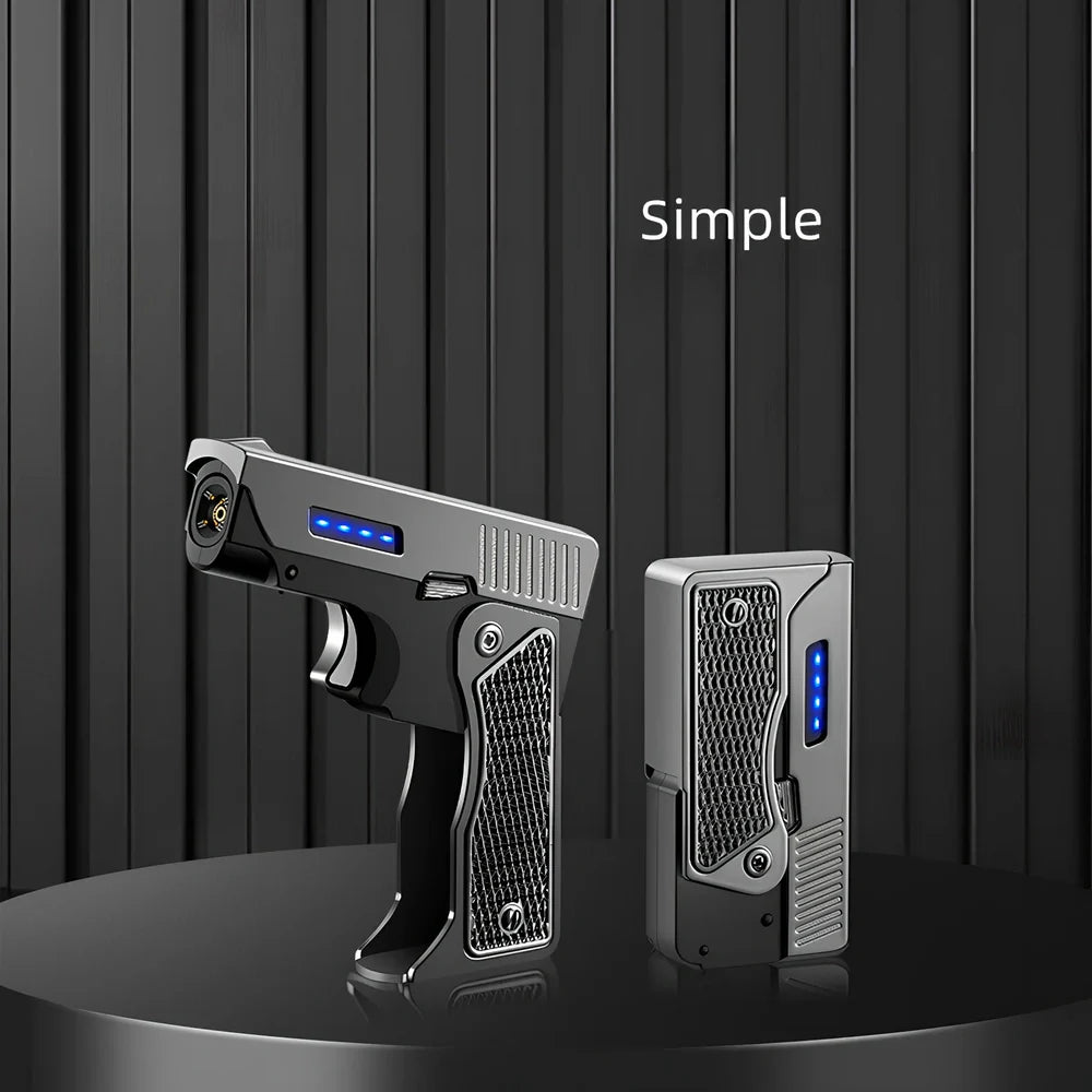 Foldable wind proof lighter showing extended and folded positions with USB charging cable