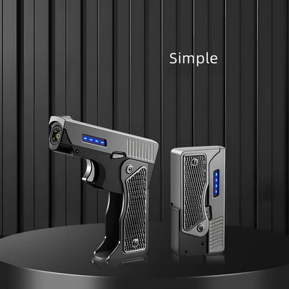 Foldable wind proof lighter showing extended and folded positions with USB charging cable