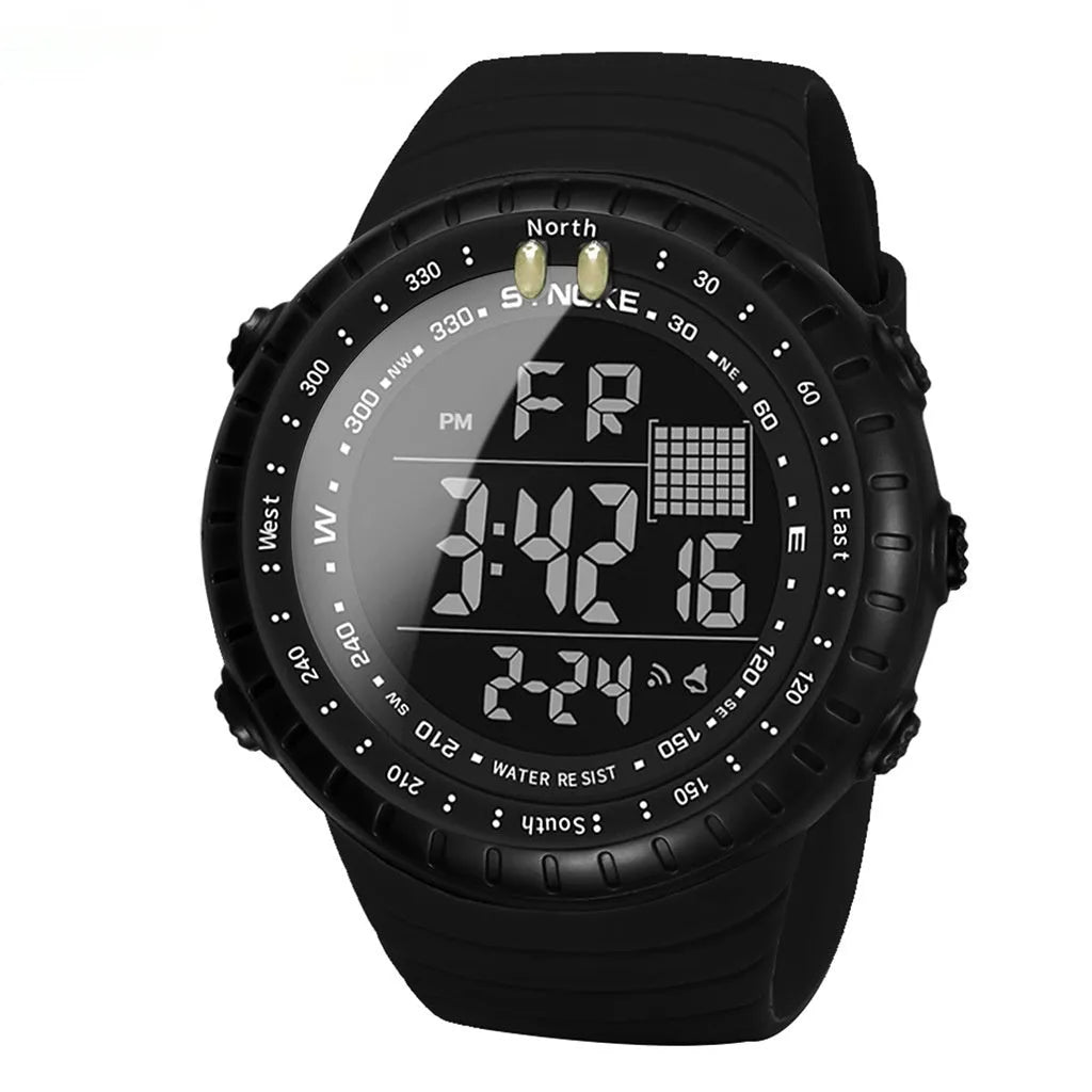 Black waterproof outdoor electronic watch for men with 54.74mm dial and adjustable PU strap on wrist