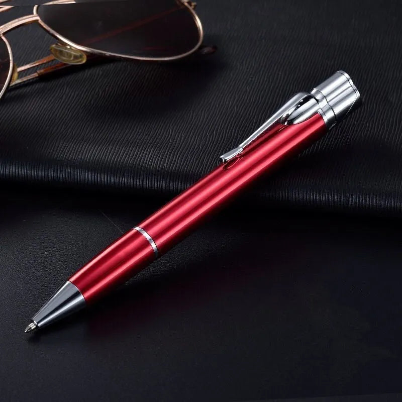 Silver metal pen-style jet lighter with side ignition button and windproof flame.