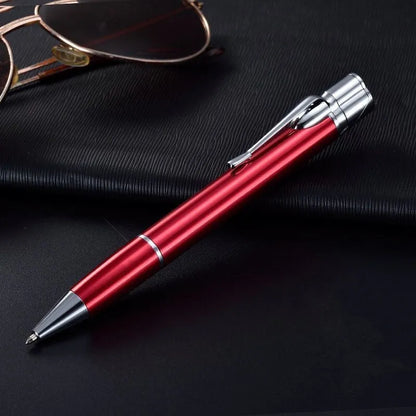 Silver metal pen-style jet lighter with side ignition button and windproof flame.