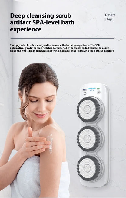 Grey wall-mounted electric bath rubbing machine with rub back plate, three nylon brush heads and charger