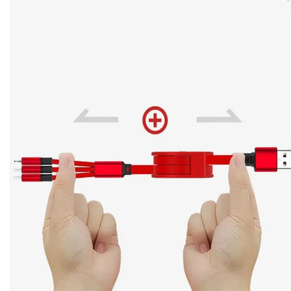 Black telescopic 3-in-1 USB charging cable extended to 120cm with three connectors on a white background.
