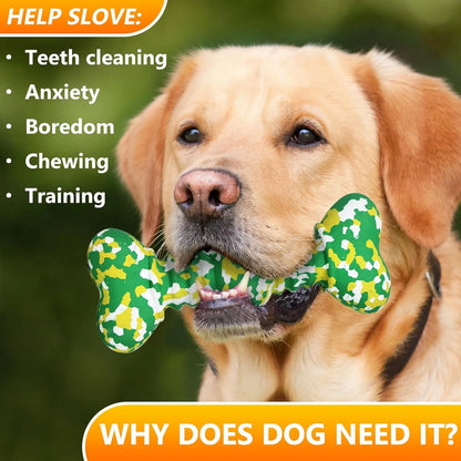 Natural rubber dog chew toy with camouflage design for aggressive chewers, USDA organic certified, in green, white, and yellow colours.