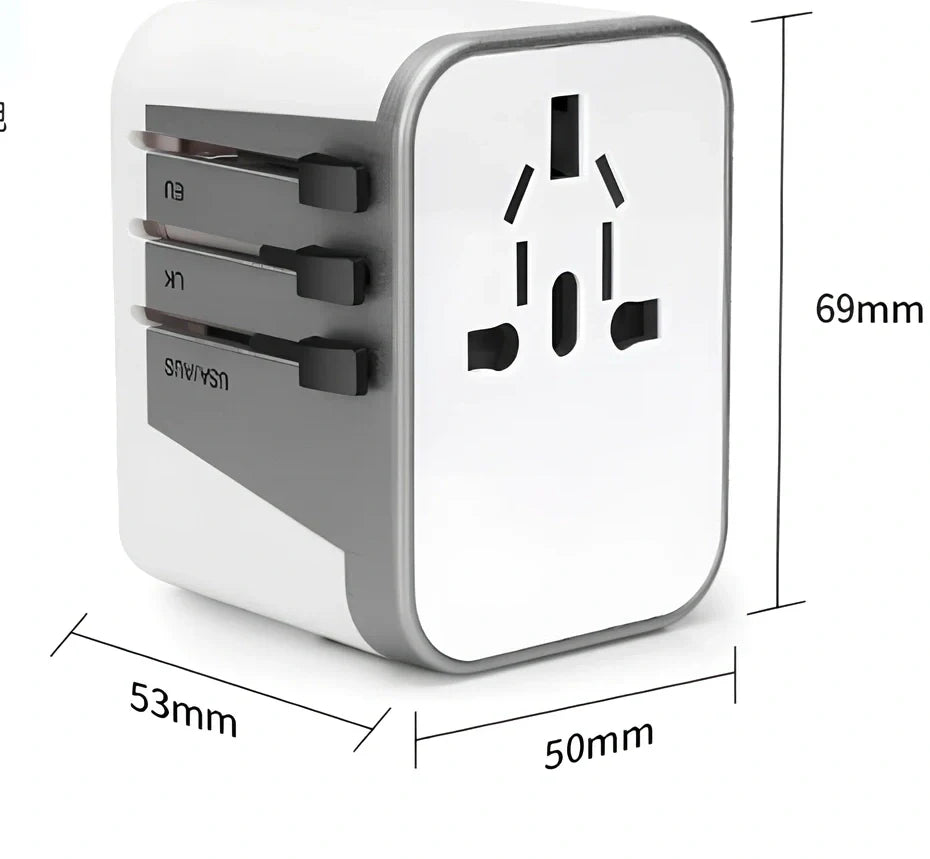 Black multi-country travel adapter 54x68x51mm with universal plugs for 2000W devices in 180 countries