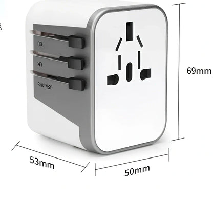 Black multi-country travel adapter 54x68x51mm with universal plugs for 2000W devices in 180 countries