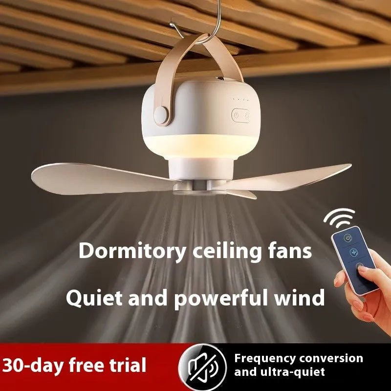 Portable rechargeable camping fan with built-in night light, ultra-quiet multifunctional ceiling fan for tents, caravans and outdoor use, powered by 3600mAh or 7200mAh battery with 3 metre wire and wall bracket