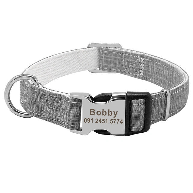 Custom engraved nylon dog collar with adjustable strap and personalized tag in various colors