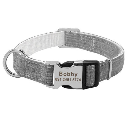 Custom engraved nylon dog collar with adjustable strap and personalized tag in various colors