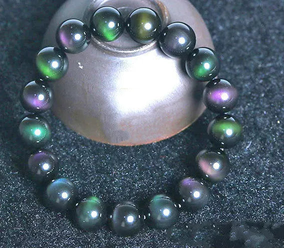 Rainbow Purple Green Eye Obsidian Bracelet with unique color blend and smooth stones