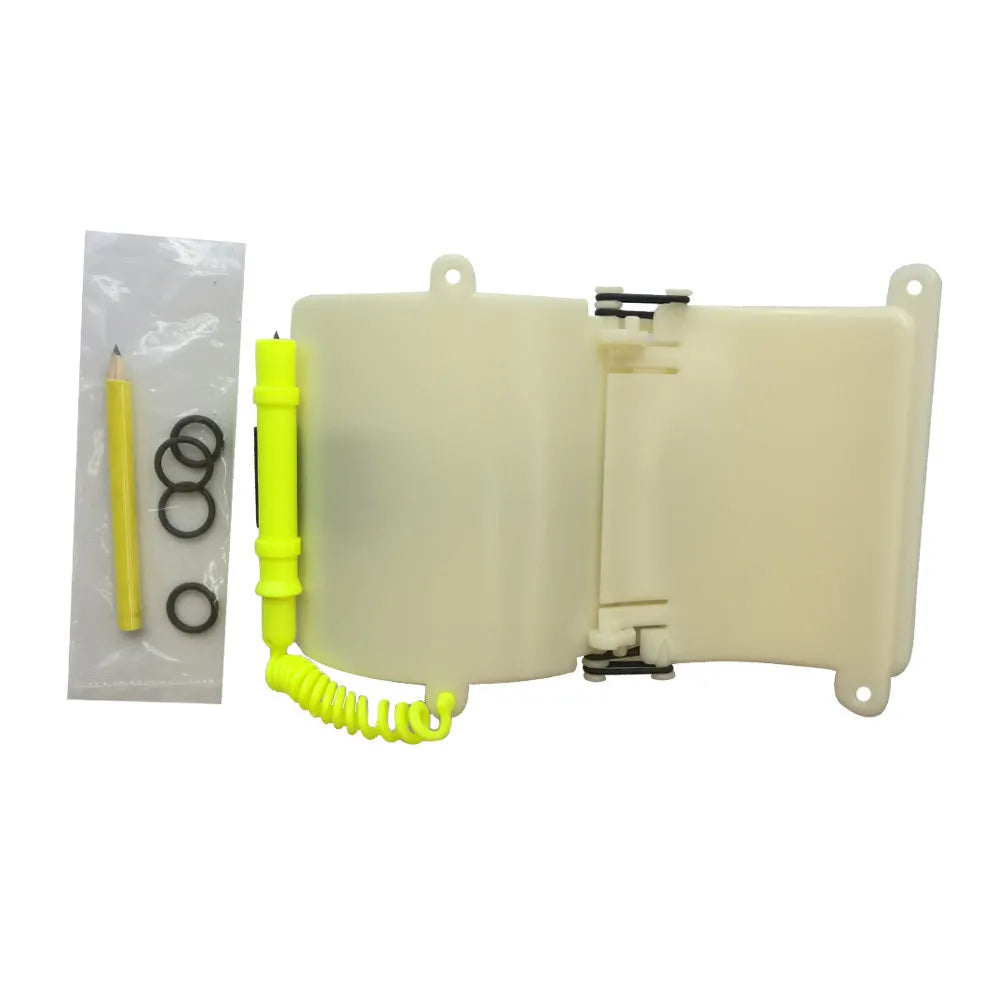 White luminous dive slate wristboard for underwater writing, shown with pencil and spare O-ring.