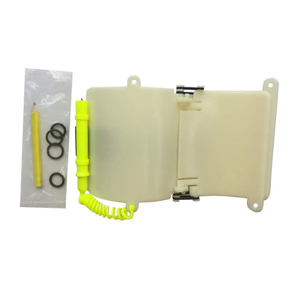 White luminous dive slate wristboard for underwater writing, shown with pencil and spare O-ring.