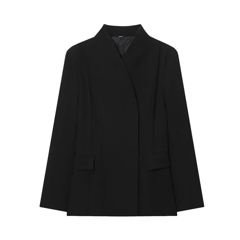 Women's black slim-fit suit jacket with regular sleeves on hanger