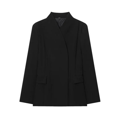Women's black slim-fit suit jacket with regular sleeves on hanger