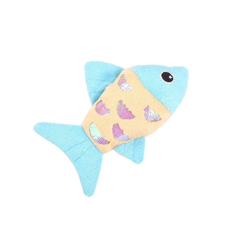Two plush fish cat toys in blue and orange with catnip and crinkle sound features