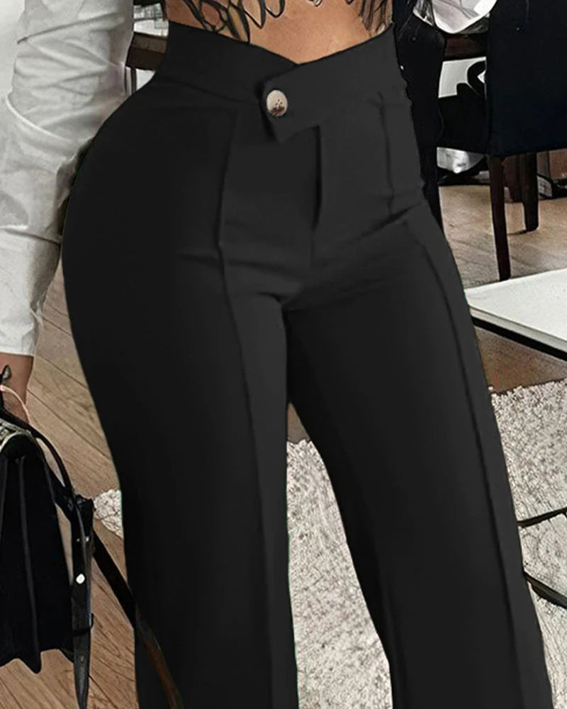 Women's slim straight-leg pants with buckle detail in various colors