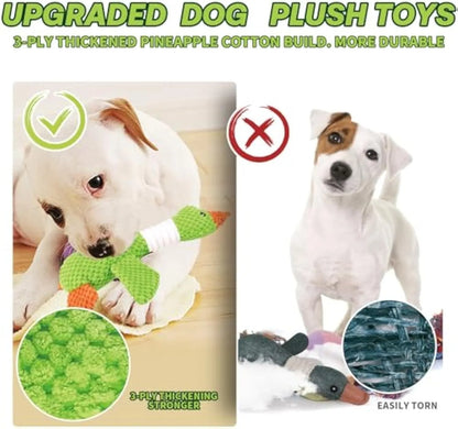 Blue plush duck dog toy with two squeakers, measuring 33 cm, for chewing and teeth cleaning
