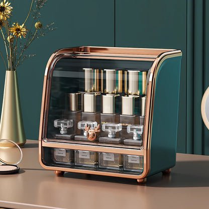 Light luxury plastic storage drawer in green for cosmetics, 25cm x 15cm with divided compartments for brushes and lipsticks