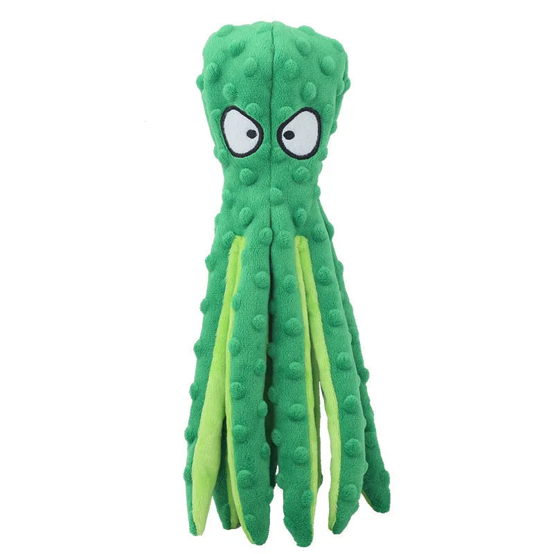 Blue octopus plush dog toy with tentacles, unfilled design with crinkle paper and squeaker sounds