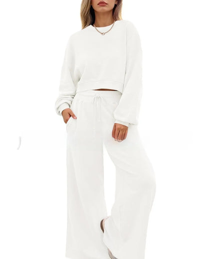 Women's solid colour polyester two-piece set with trousers and long-sleeved top in street hipster style