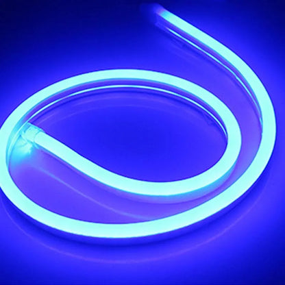 Close-up of flexible blue silicone LED neon strip showing dense LED beads, coiled on a 100-metre reel.