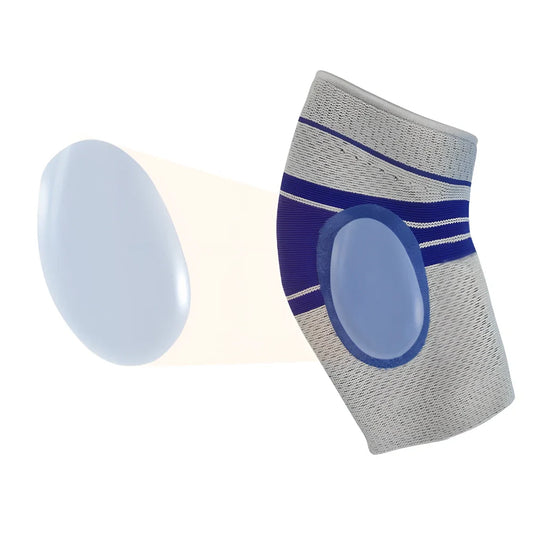 Grey knitted sports elbow pads with 3D compression fabric for basketball and badminton