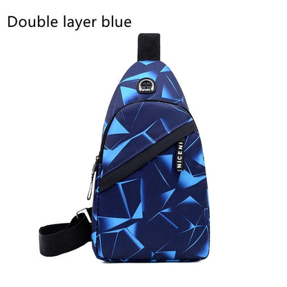 Men's sling chest bag in blue with earphone hole, crossbody strap, and zipper pockets, measuring 17cm wide.