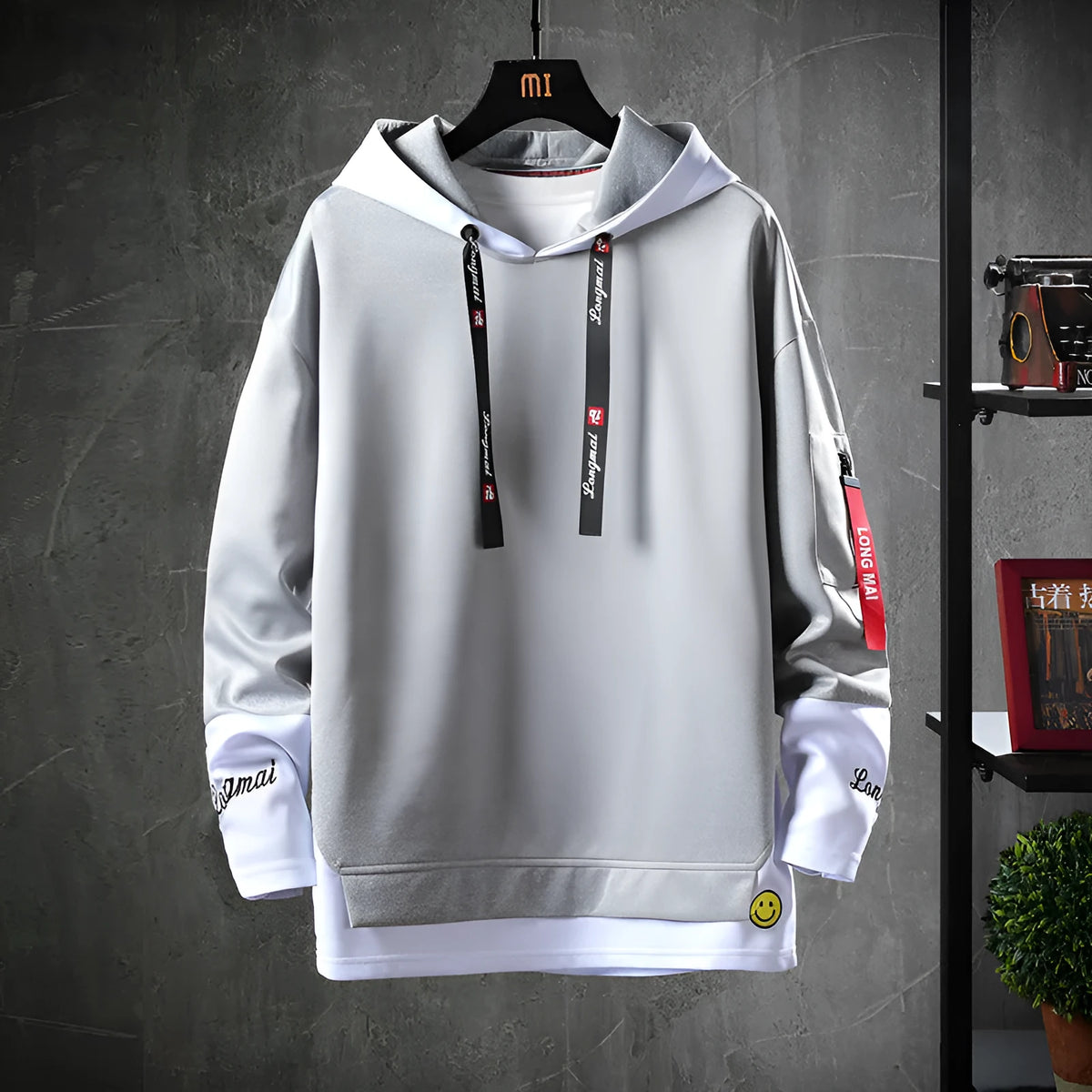 Hooded sweatshirt long sleeve round neck casual pullover in black, grey, lake blue, light red, or white