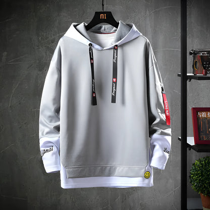 Hooded sweatshirt long sleeve round neck casual pullover in black, grey, lake blue, light red, or white