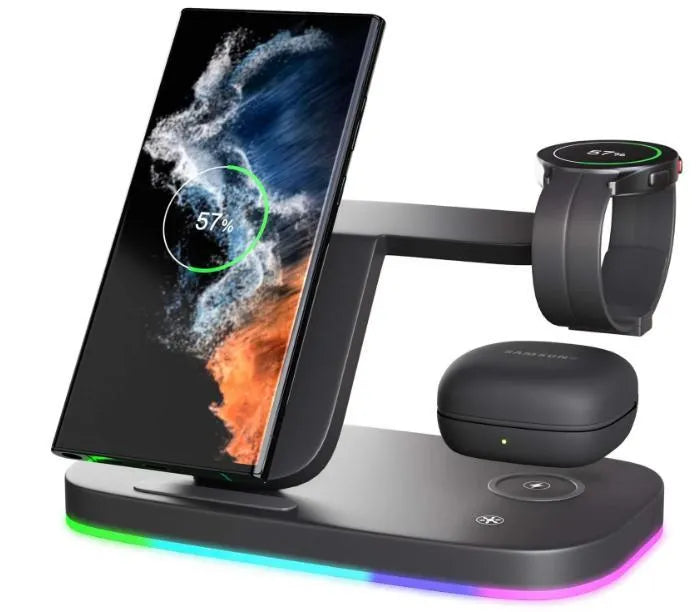 Vertical 3-in-1 wireless charging stand for mobile phone, smartwatch, and headphones