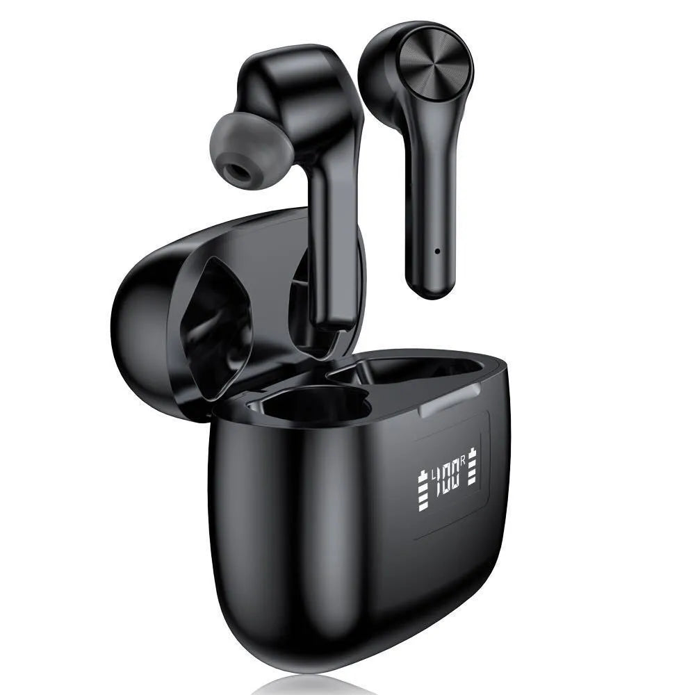 Cool black wireless Bluetooth earphones with touch controls and charging case