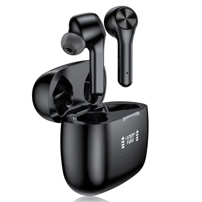 Cool black wireless Bluetooth earphones with touch controls and charging case