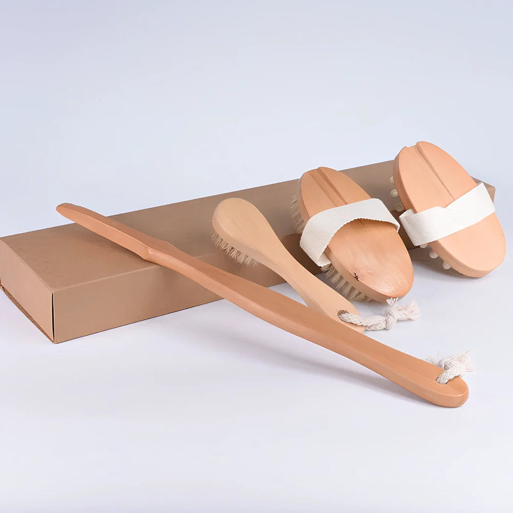Lotus wood bathroom brush set with massage head, bath brush, and face brush in kraft paper box