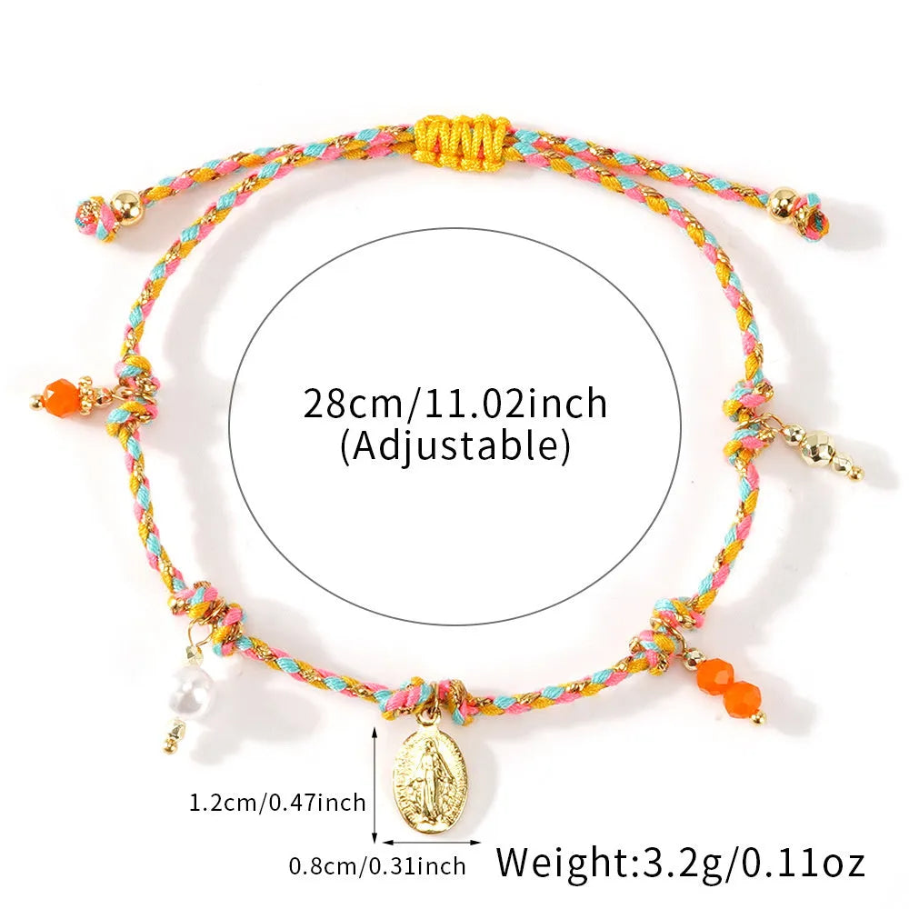 Close-up of a colourful hand-woven braided rope bracelet for women, showing ethnic strap design.