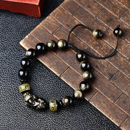 Hand-woven golden obsidian Pi Xiu bracelet with animal design, showing bead size options.