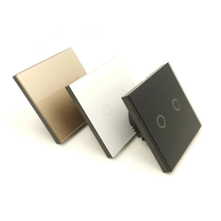 86 type glass touch light switch with tempered glass panel in black, golden or white finish