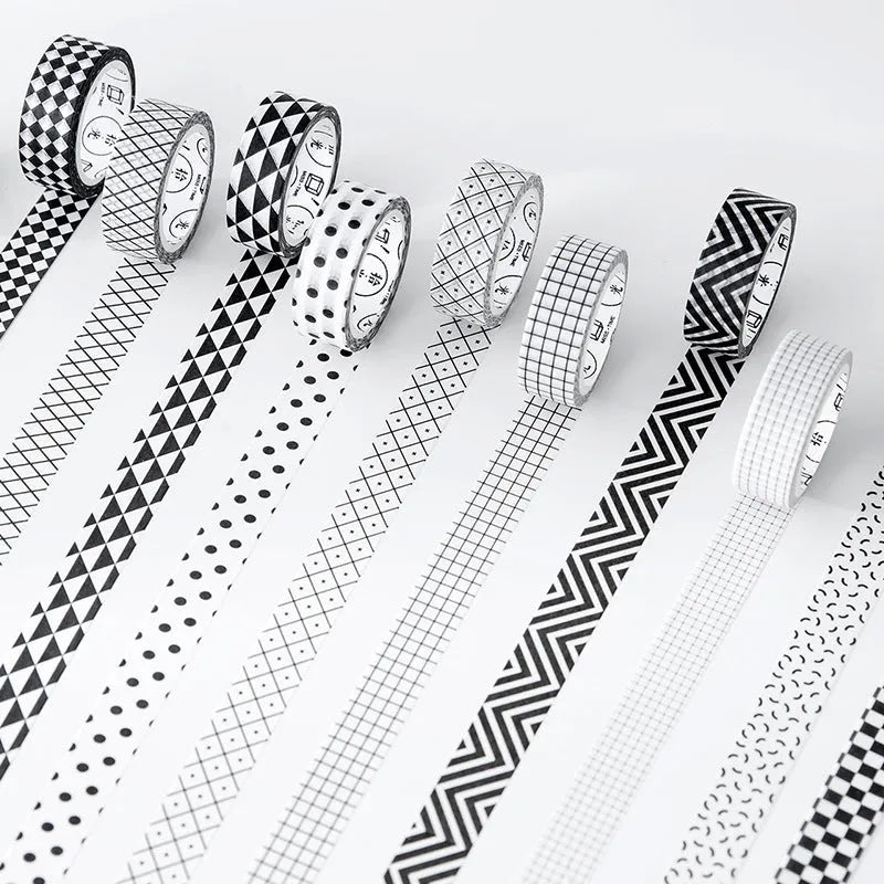 Roll of 15mm wide, 7m long paper tape for DIY hand accounting, showing lattice, wave point, and weave pattern options.