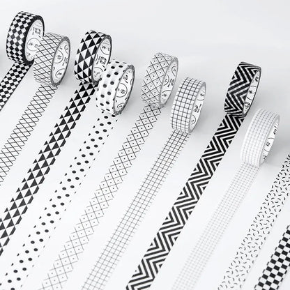 Roll of 15mm wide, 7m long paper tape for DIY hand accounting, showing lattice, wave point, and weave pattern options.