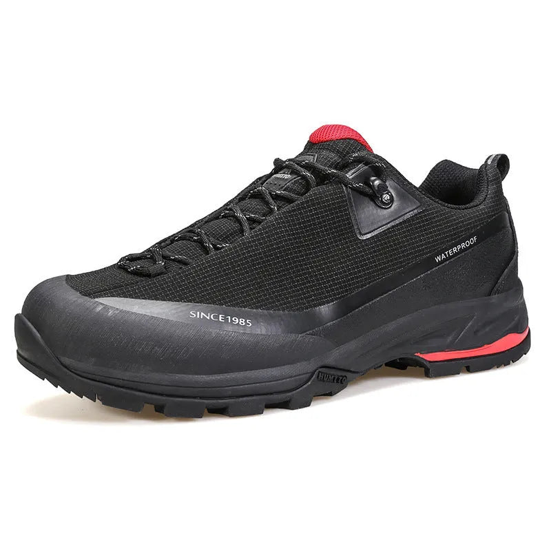 Men's low-top hiking boots in black with lace-up front and rubber outsole.