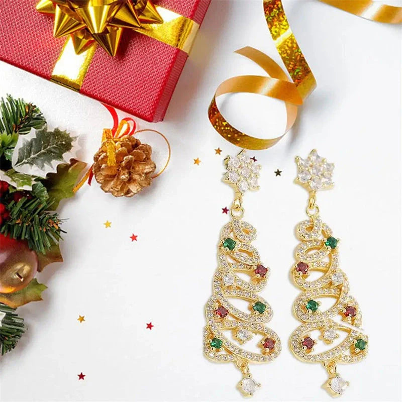 Colorful zircon Christmas tree tassel earrings for women, available in white K and gold.