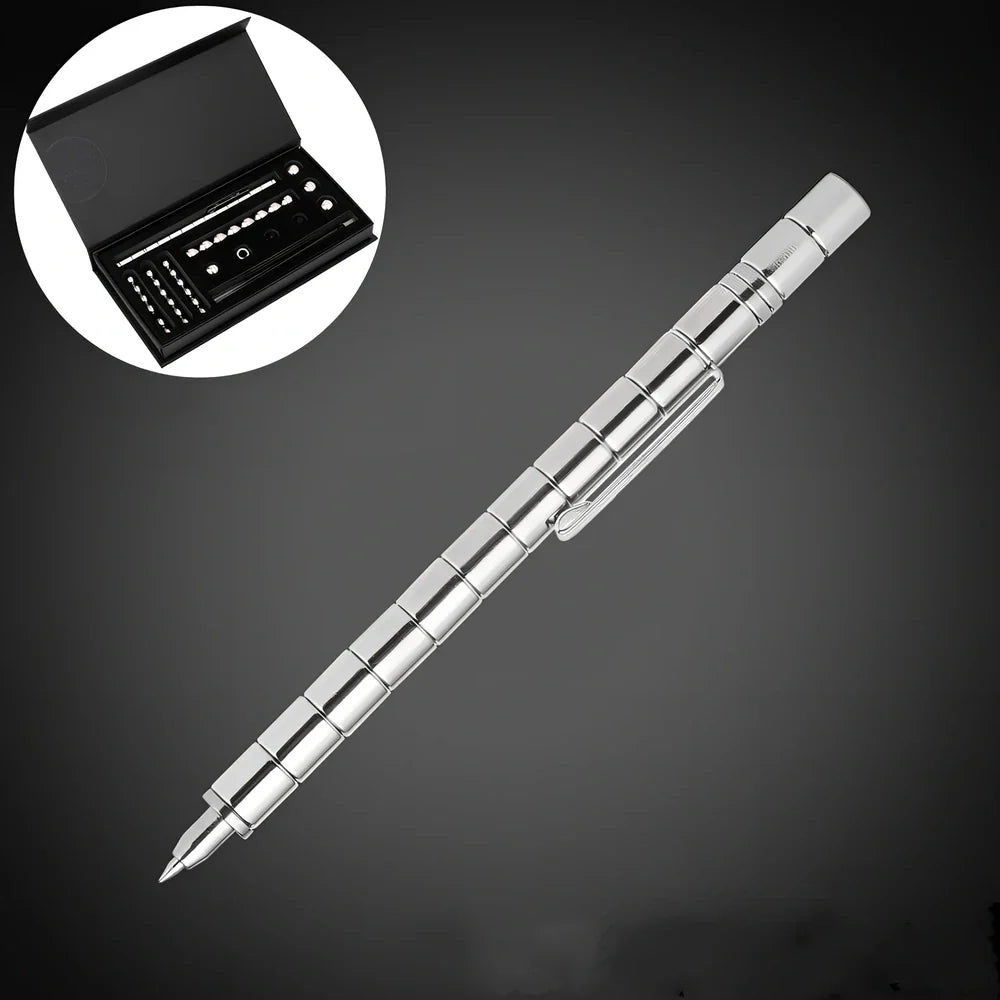 Magnetic transformation pen showing compass, spinning top, and phone stand configurations with 13 neodymium magnets